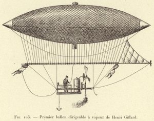 Primer globo dirigible a vapor de Henri Giffard (grabado) de French School