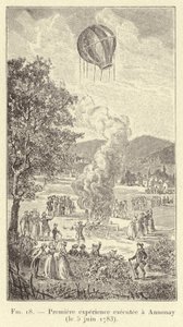 Primera experiencia ejecutada en Annonay (el 5 de junio de 1783) (grabado) de French School