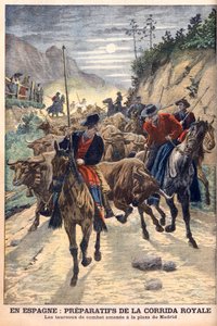 Preparativos para las corridas de toros para celebrar la boda del Rey Alfonso XIII de España. Toros llevados a Madrid. En España, preparativos para la corrida real. Los toros de lidia llevados a la Plaza de Madrid. Ilustración para Le petit Journal.