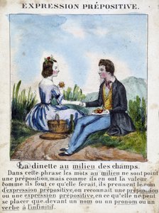 Expresión prepositiva (La merienda en medio del campo) - libro de gramática en imágenes, circa 1850 de French School