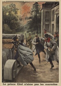 El príncipe Eitel Friedrich de Prusia, segundo hijo del káiser Guillermo II de Alemania, huye presa del pánico cuando su cuartel general en el castillo de Temple-la Fosse es bombardeado por la artillería francesa durante la Batalla del Somme, Primera Guerr de French School