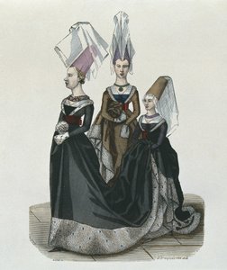 Princesa y damas de compañía en 1470, grabado por Gautier de French School