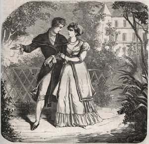 La Princesa de Gales Carolina de Brunswick (1768-1821) caminando con su amante, Bartolomeo Bergami. Grabado de 1871 en "Histoire Des Cocus Celebres" de Henry de Kock (1819-1892) de French School