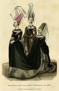 Princesa con sus damas de honor, hacia 1470. Grabado en color según el libro de los torneos del rey René, en "France et les francais a travers les siecles" de Augustin Challamel, F.Roy editor, París 1882. Colección Selva. de French School