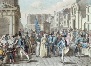 Prisioneros en la rue Saint-Antoine después de ser liberados de la Bastilla el 14 de julio de 1789 de French School