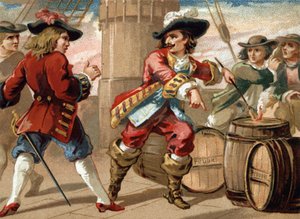 El corsario Jean Bart (1650-1702) amenazó a un corsario inglés que lo tomó prisionero amenazándolo con volar su barco incendiando un barril de pólvora. Cromolitografía de finales del siglo XIX de French School