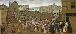 Procesión de la Santa Liga en la Plaza de Grève, saliendo del Arco de Saint-Jean, París, 1590-3