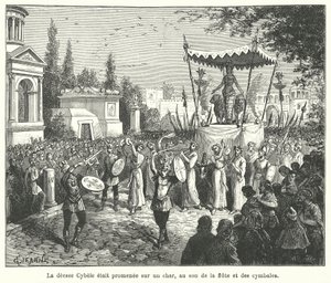 Procesión del carro de la diosa romana Cibeles, precedida por flautistas y tocadores de platillos (grabado)