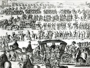Procesión de la entrada del joven rey Luis XIV como niño en la ciudad de París el 18 de agosto de 1649, detalle de French School