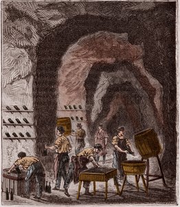 Producción de champán - Fabricación de champán - Grabado en “Ciencias puestas al alcance de todos - física y química” de Alexis Clerc - Finales del siglo XIX - Colección privada
