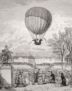 El profesor Jacques Charles y Nicolas-Louis Robert vuelan el primer globo de hidrógeno tripulado del mundo el 1 de diciembre de 1783 en los Jardines de las Tullerías, París, de 