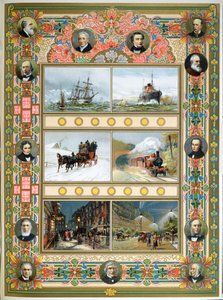 Progreso durante el reinado de la Reina Victoria (1819-1901). Barcos de vela, barcos de vapor, tren de vapor y alumbrado público de gas y eléctrico, 1887 de French School