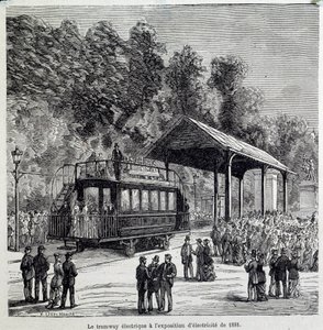 Progreso en el transporte: el tranvía eléctrico exhibido en 1881. Grabado del siglo XIX de French School