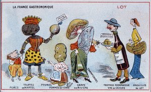 Tarjeta promocional y educativa que representa especialidades alimentarias de la región de Lot, c.1910