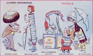 Tarjeta promocional y educativa para niños de especialidades alimentarias de la región de Rhone, c.1900