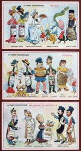 Tarjetas promocionales y educativas para niños que representan especialidades alimenticias de la región de Lorena, c.1910