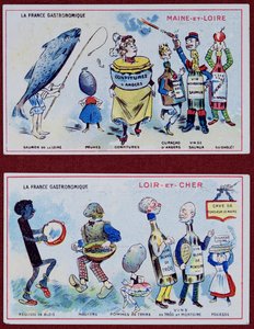 Tarjetas promocionales y educativas para niños que representan especialidades alimentarias de las regiones de Maine-et-Loire y Loir-et-Cher, c.1910