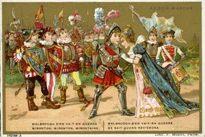 Tarjeta promocional para los grandes almacenes parisinos Au Bon Marché, que representa una de las canciones populares y de niños más conocidas en francés, Marlbrough sen va-t-en guerre (Marlborough se ha ido de French School