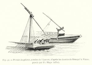 Proas de galeras, armadas con el espolón; según los dibujos de Breugel el Viejo, grabados por Fr Huys de French School