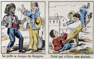Proverbio en la imagen de Epinal: “la pala se burla del vano”, “Quien se eleva, será rebajado” de French School
