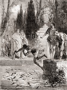 Publio Vedio Polión, ecuestre romano, alimentando a un esclavo con sus anguilas lampreas, de Les Merveilles de la Science, publicado c.1870 de French School