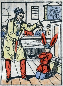 Castigo en la escuela: Alumno castigado, con un gorro de burro por hablar con sus compañeros. Imagen de Épinal de finales del siglo XIX. de French School