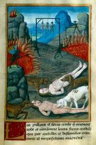 Castigo reservado a los ladrones y saqueadores en el Infierno, son ahorcados, quemados y devorados por los perros. Miniatura de "Le Tresor de Sapience" de Jean Gerson (1363-1429) siglo XV Chantilly, Museo Conde