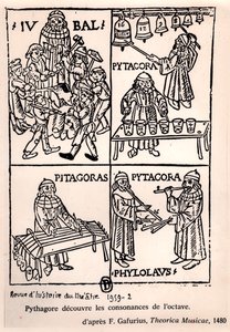 Pitágoras (c.580-500 a.C.) descubriendo las consonancias de la octava, de Theorica Musicae por Franchino Gaffurio, publicado por primera vez en 1480, de Revue de l