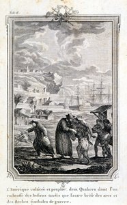 Misioneros cuáqueros tratando de evangelizar a los indios de América - Grabado de French School
