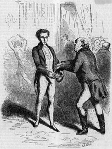 Rastignac mareado deja que el hombre de cabello blanco tome diez luises. Grabado a mediados del siglo XIX. Ilustración para "El padre Goriot" de Honoré de Balzac (1799-1850). de French School