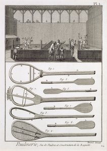 Tenis real y la construcción de raquetas, de la Enciclopedia de Denis Diderot (1713-84), grabado por Robert Benard (n.1734), publicado c.1770 de French School