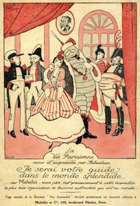 Recuerdo de 1914 para el neumático Michelin. La Vie Parisienne reseñada y aumentada por Bibendum: "Seré su guía en el espléndido mundo, porque Michelin mi padre le da la organización de turismo automovilístico más bella del mundo". En la pared, un marco co