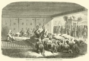 Recepción del viajero por los reyes de Laos (grabado) de French School