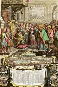 Recepción de Mehemet Effendi embajador turco del gran sultán Achmet por Luis XV el 21 de marzo de 1721 en las Tullerías. Grabado del siglo XVIII. Colección particular. de French School