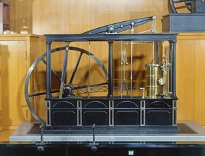 Reconstrucción de la máquina de vapor diseñada por James Watt (cobre y vidrio)