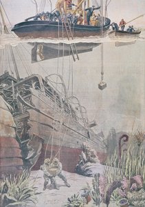 Recuperación del tesoro del naufragio del Oceana, ilustración de Le Petit Journal, 1912 de French School