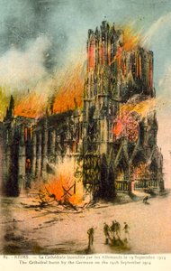 Reims, catedral quemada por los alemanes el 19 de septiembre de 1914 (litografía) de French School