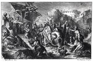 Reencarnación de Asclepio como una serpiente en el momento de la llegada de su culto a Roma desde Grecia en 293 a.C. de French School
