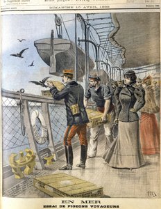Suelta de palomas mensajeras del ejército francés a bordo del transatlántico La Bretagne entre Le Havre y Nueva York. de French School