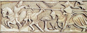 Relieve que representa caballeros luchando (detalle)
