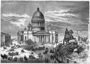 Arquitectura religiosa: vista de la Iglesia Ortodoxa de San Isaac (1819-1858) en San Petersburgo, Rusia, construida según los planos del arquitecto Ricard de Montferrand (1786-1858). A la derecha está la estatua ecuestre de Pedro el Grande de French School