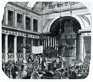 Ceremonia religiosa en la antigua Sinagoga de París para Rosh Hashaná, ilustración de Le Tableau de Paris por Edmond Texier, publicado en París, 1852