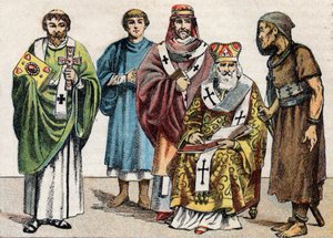 Trajes religiosos en la Antigüedad: de g a d retrato de un diácono bizantino, un sacerdote cristiano del siglo I, un eveque en el siglo V, un patriarca bizantino y un anacoreta - Grabado - Trajes religiosos en la Antigüedad: de izq a r de French School