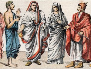 Trajes religiosos en la Antigüedad: de g a d retrato de un sacerdote griego, ministro para los sacrificios, un Gran Pontífice en la antigua Roma (Pontifex maximus), una vestal, una pretora de la antigua Roma y un flamen sacerdote romano consagrado al culto de French School