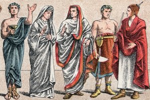 Trajes religiosos en la Antigüedad: de g a d retrato de un sacerdote griego, ministro del sacrificio, una vestal, pretora de la antigua Roma y un Gran Pontífice en la antigua Roma (Pontifex maximus), un popa y un flamino (flamen) sacerdote romano dedicado  de French School