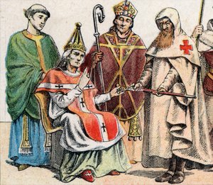 Trajes religiosos en la Edad Media: de la g a la d un sacerdote del siglo X, un papa en el siglo XI, un eveque (con mitra y culata) al siglo XII y un miembro de la Orden de los Hospitalarios (Orden de San Juan de Jerusalén) - Traje religioso de French School