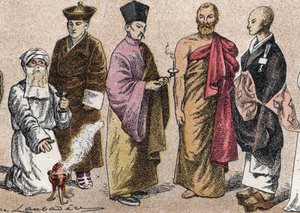 Trajes religiosos de Asia: de g a d retrato de un sacerdote Parsi (parsi o seguidor del parsismo), Lama (maestro espiritual tibetano), sacerdote budista chino, bonze de Ceilán y sacerdote budista japonés - Grabado - Trajes religiosos de Asia: de izquierda  de French School