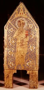 Arca relicario de San Calminio, (detalle) de San Pablo con una espada y un libro, Limoges (cobre y esmalte champlevé)