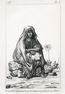 René Caillié reflexionando sobre el Corán y tomando notas, de Diario de un viaje a Tombuctú por René Caillié, 1830
