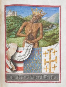 René, duque de Anjou como esqueleto coronado, del Libro de Horas de René de Anjou (vitela)